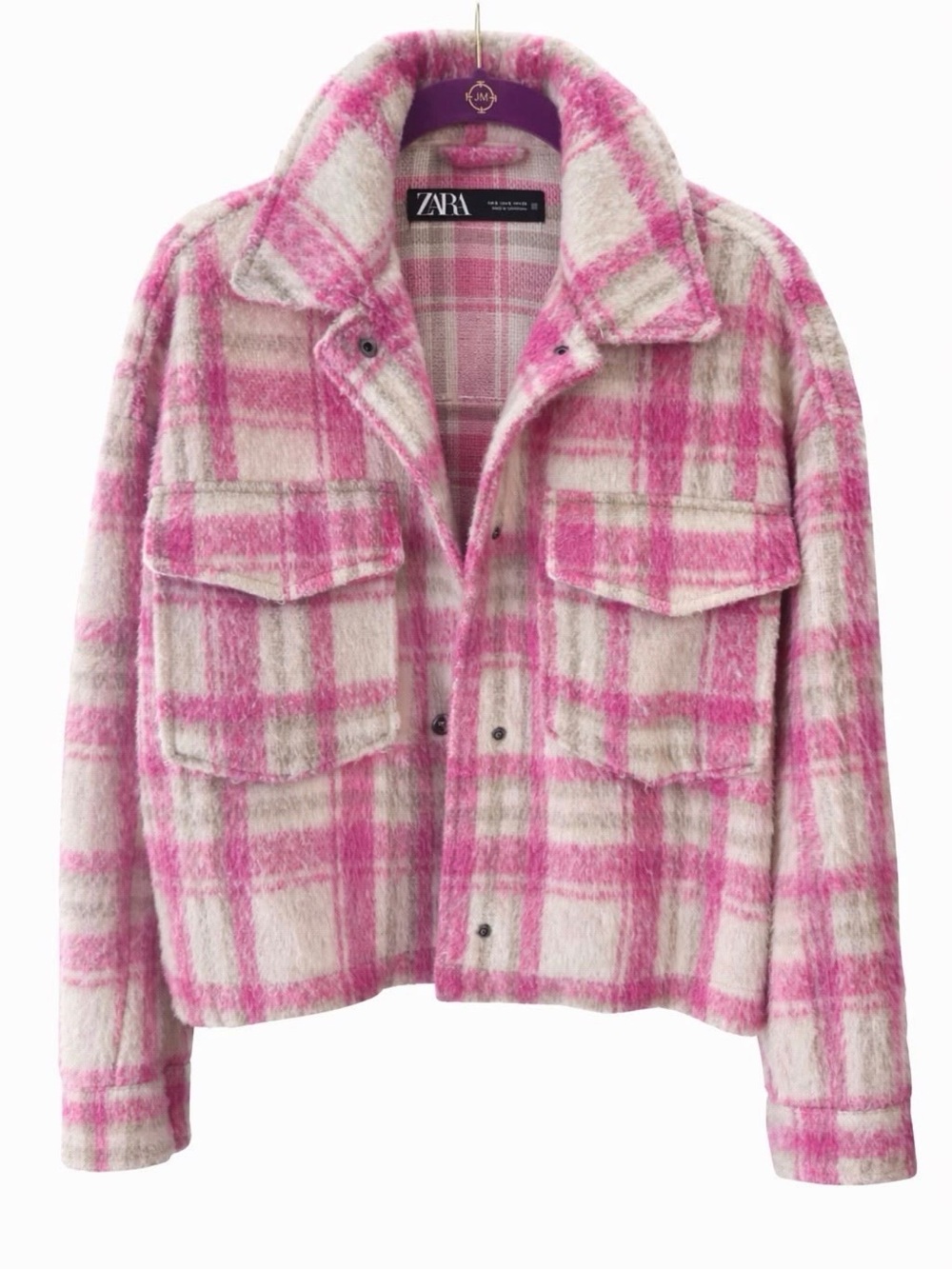 ZARA Pink and Cream Plaid Wool-Blend Shacket